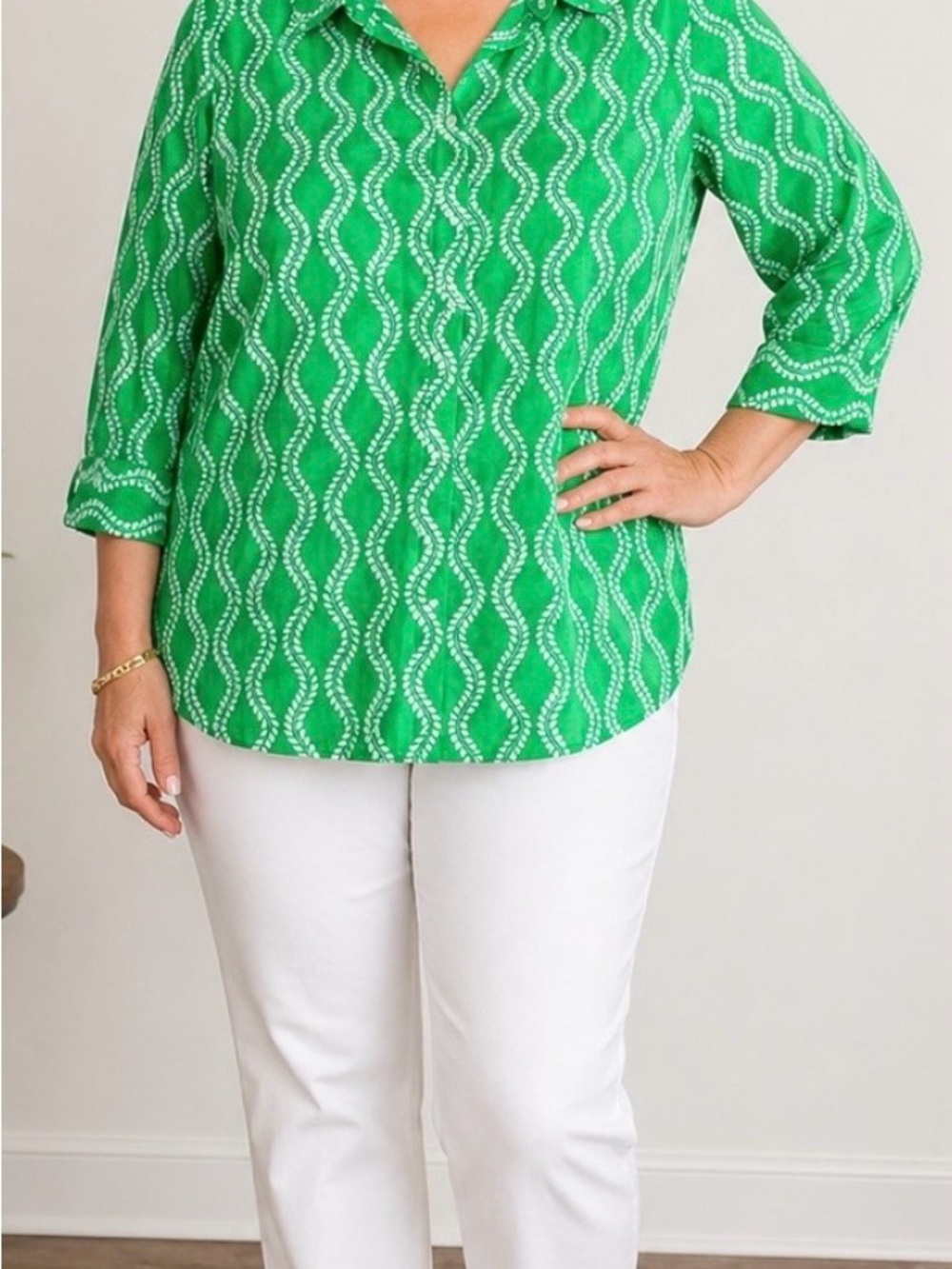 Talbots Woman 2X Green White Print Button Front Blouse Cotton Plus Size Top